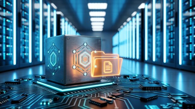 Metallic data storage cube displays a glowing orange file icon on a black motherboard inside a futuristic high speed server