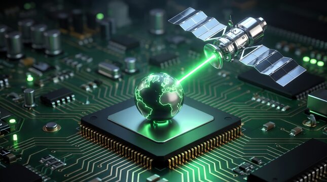 Metallic satellite transmits a glowing green laser beam onto a small spherical globe resting upon a complex electronic circuit board