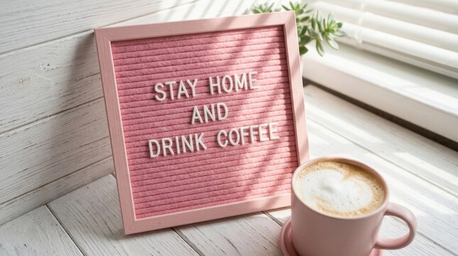 Charming pink letter board displaying stay home and drink coffee message next to a creamy latte mug and small succulent on a white wooden table by a bright window, perfect for lifestyle and home deco.