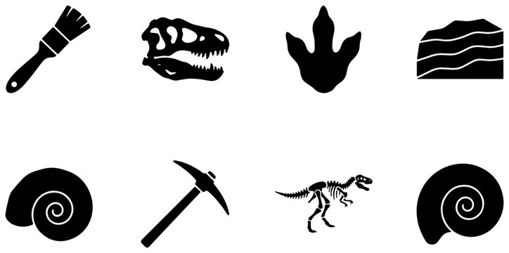 Dinosaur Fossils and Paleontology Icons: Skull, Footprint, Skeleton, Shell, Tools