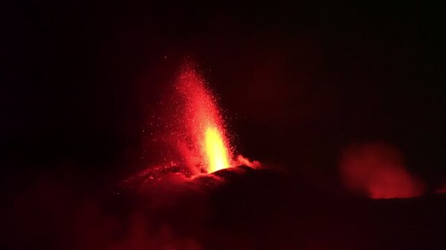 Mount Etna volcano eruption with lava bursting from summit crater