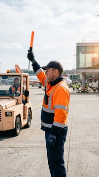 Airport marshaller in hi-vis directing traffic with an orange wand, airport apron ground services context