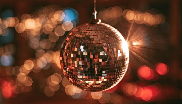 A sparkling disco ball hangs, reflecting warm bokeh lights of a festive celebration