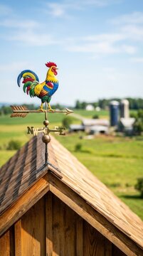 Colorful Rooster Weather Vane Guides Direction on Rustic Barn Roof with Farm Bokeh Background