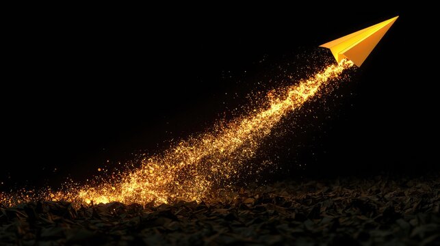 A golden paper airplane streaks upward, leaving a trail of fiery sparks