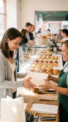 Obraz premium Customer receiving a cake box from a baker in a bright, bustling pastry shop with vibrant pastries on display