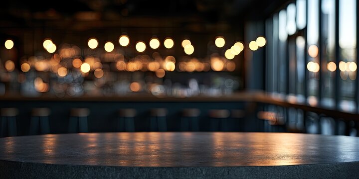 Cozy dimly lit bar with warm bokeh lights, bar stools, and a concrete table