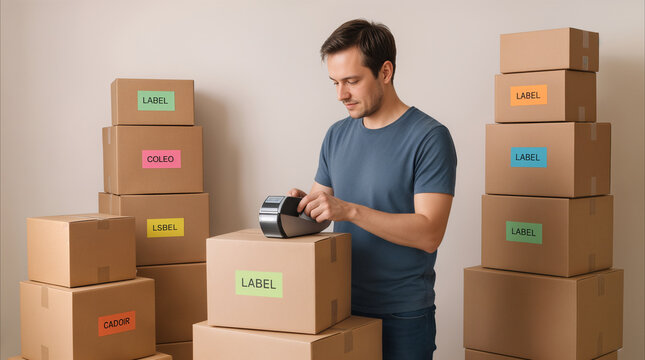 Small business owner using handheld label printer on cardboard boxes. Entrepreneur preparing packages for shipping in home office or warehouse setting.