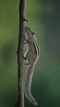 Indian palm squirrel climbing thin tree branch against green background
