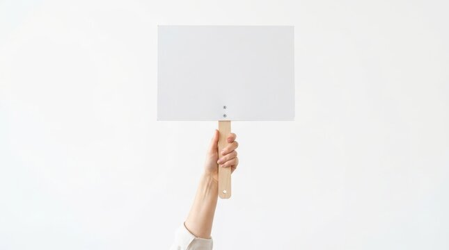 Human hand holding a blank sign board with a wooden handle isolated for mockup. A person presents a clean placard for protest message or advertising information with space for text or for brand design
