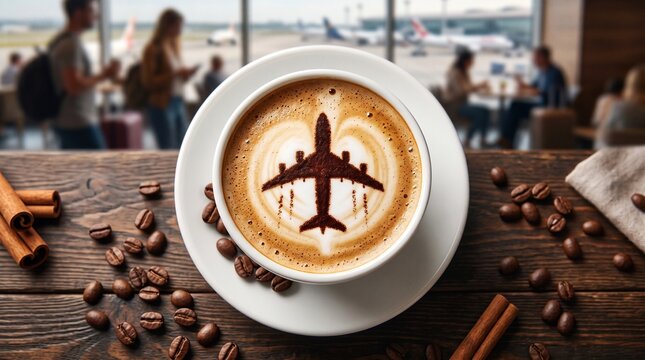 Cappuccino with airplane latte art in cozy coffee shop setting