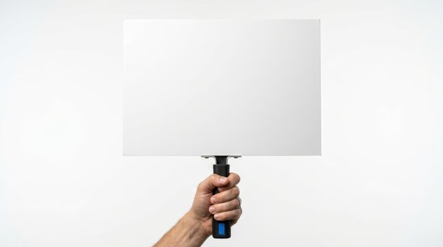 Male hand firmly grips a black handle attached to a large blank white rectangular placard against a clear white backdrop, ideal for adding custom text, messages, or advertisement designs