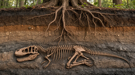 Obraz premium Cross section of soil showing dinosaur skeleton buried deep underground beneath tree roots. Paleontology and geology concept with fossilized remains in sedimentary layers.