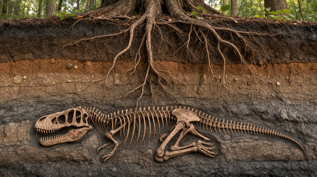 Cross section of soil showing dinosaur skeleton buried deep underground beneath tree roots. Paleontology and geology concept with fossilized remains in sedimentary layers.
