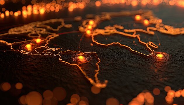 Glowing world map with interconnected points of light and blurred foreground