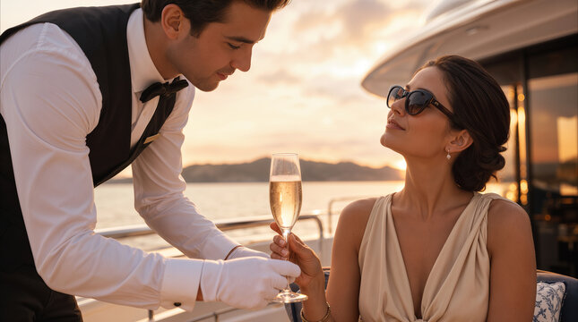 Professional steward serving glass of champagne to elegant woman on luxury yacht deck during sunset. High-end hospitality and travel service.