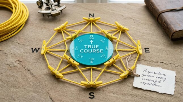 Nautical navigation compass dial labeled true course sits on stone surface surrounded by yellow ropes and cleats near a sextant and journal representing preparation for a successful expedition