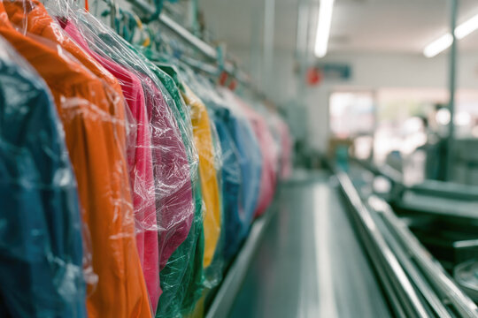 Clothing dry cleaner conveyor garment plastic bag shirt laundry shop colorful clothing in clear cover on automated rail with diagonal perspective bright clean indoor interior empty space