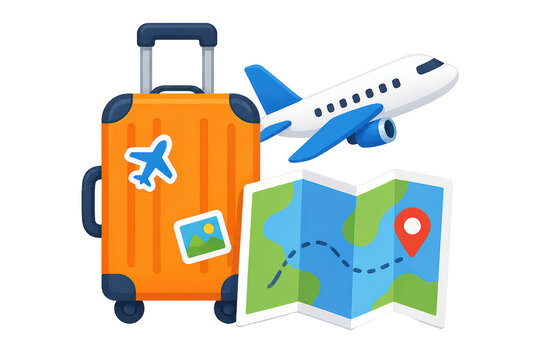 Orange suitcase with map and airplane travel icons