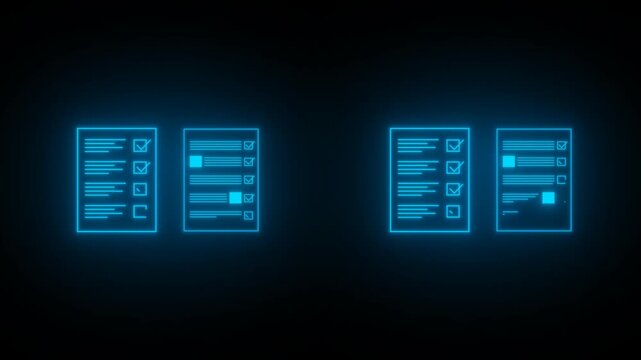 Animated digital checklist and approval workflow with glowing interface elements and check marks on transparent background with alpha channel