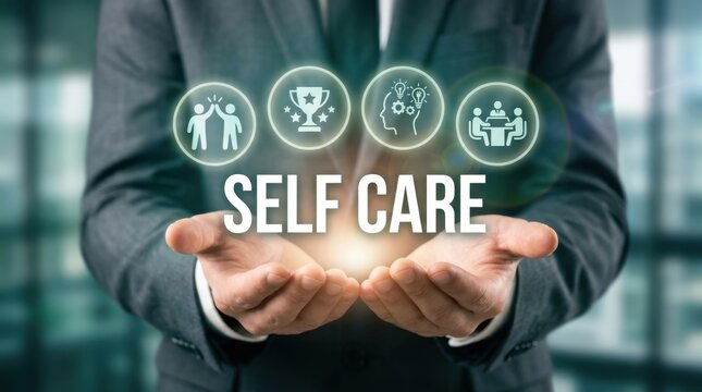 Professional businessman holding digital self care text and glowing icons representing mental health success and workplace wellness in a corporate office setting for better life balance and
