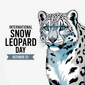 Majestic snow leopard illustration celebrating international awareness day with bold typography and bright blue eyes on a soft white background
