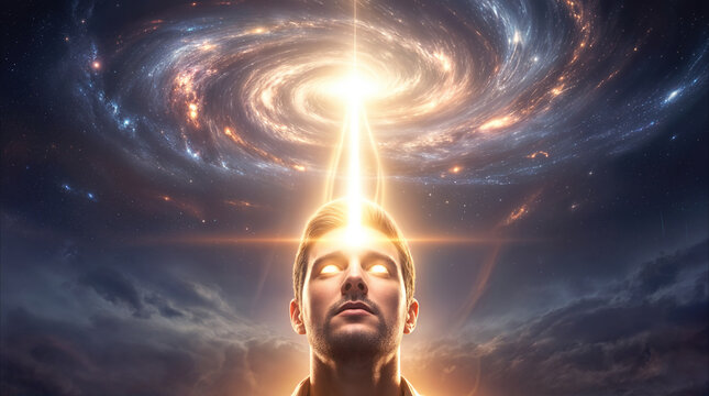 Spiritual enlightenment concept with beam of light connecting man forehead to spiral galaxy. Cosmic consciousness and meditation visualization.