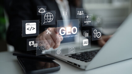 Obraz premium Digital marketing concept featuring GEO strategy, optimizing content for AI search engines and large language models. Evolution of SEO, brand authority, and AI citation visibility. Corpus