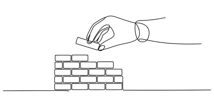Continuous line drawing of a human hand building a brick wall for construction concept Vector, illustration