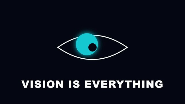 Vision is everything: minimalist eye animation with glowing pupil and modern typography for business and technology concepts 4k