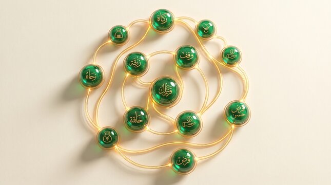 Islamic Finance Concept with Connected Green and Gold Spheres