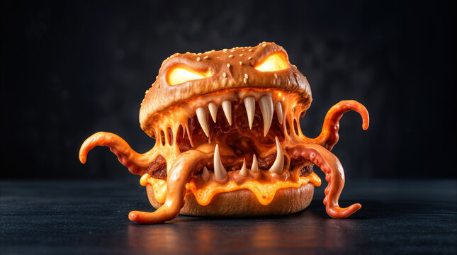 Monster burger with sharp teeth and tentacles glowing from within. Creative food art concept for Halloween or horror theme.