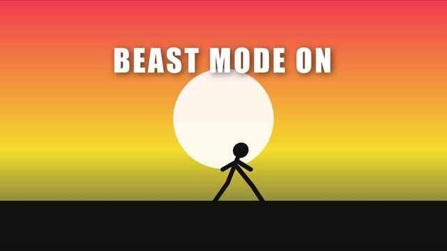 Beast mode on motivational animation with walking stick figure against sunset 4k background