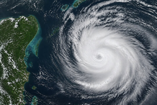 A satellite image displays a large, powerful tropical cyclone swirling over the ocean near landmasses like Central America.