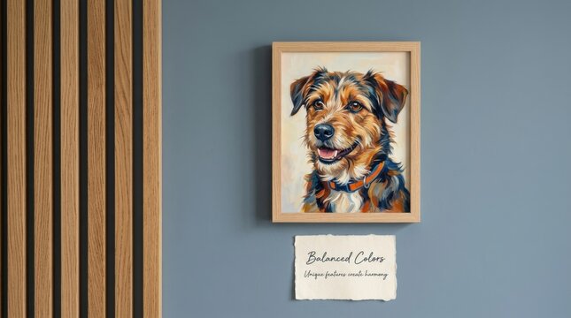 Vibrant oil painting of a scruffy dog in a light wood frame hanging on a minimalist blue wall with a small paper note below it, showcasing artistic pet portraiture for modern home interior designs