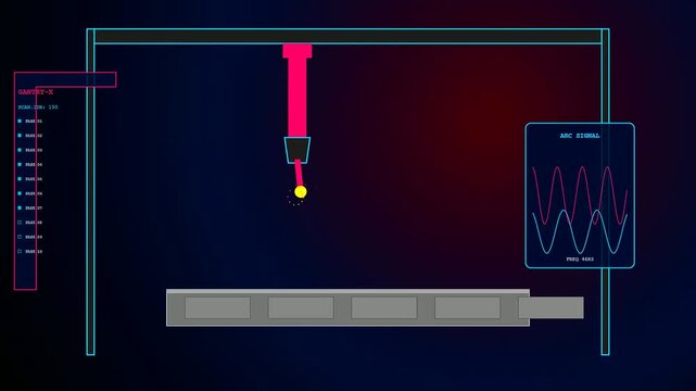 Automated robot welding process displaying complex wave patterns and glowing interface readouts captured in a sequence of frames showing robotic arm movement in a factory setting