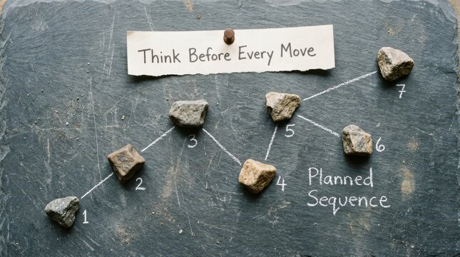 Strategic planned sequence with seven numbered stones connected by chalk lines on a dark slate background, representing a logical workflow or business strategy for success and careful