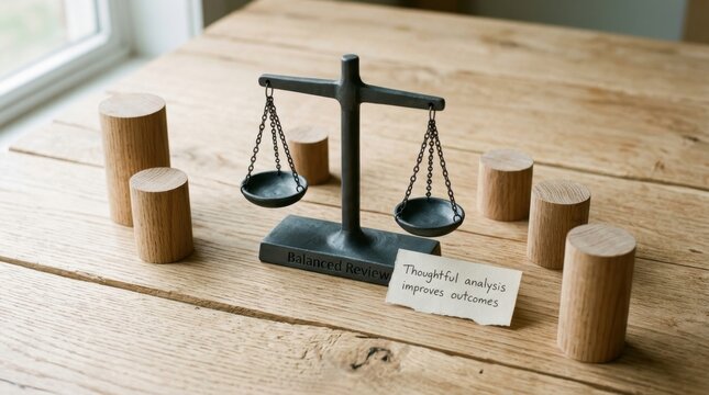 Vintage metal balance scale on a wooden table surrounded by wood cylinders, featuring a note about thoughtful analysis and outcome improvement for business and professional review contexts today best.