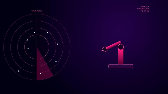 A futuristic digital screen tracks a precise robot welding process, featuring an active radar scanning sweep and glowing vector interface telemetry data.
