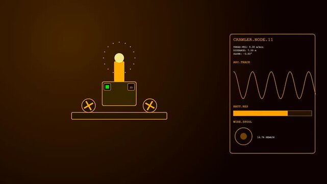 A futuristic head up display monitors a specialized robot welding crawler machine tracking system performance with wave data and battery life levels.