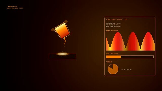 An advanced futuristic interface for robot welding displays real time data of molten steel pouring during a heavy industrial manufacturing operation.