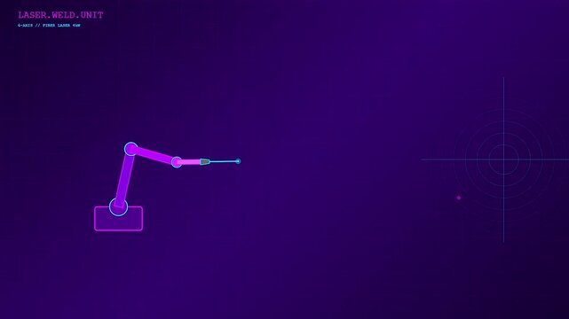 A futuristic schematic animation displays a robot welding arm moving precisely along coordinates against a dark purple background with HUD telemetry graphics.