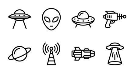 Retro Sci-Fi Icons: UFOs, Aliens, Ray Guns, Rockets, Planets, Antennas © Mumin