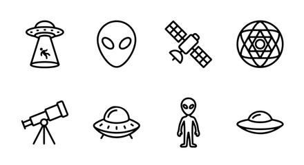 Space Icons: UFO, Alien, Satellite, Telescope, Geometric Symbol, Vector Graphics © Mumin