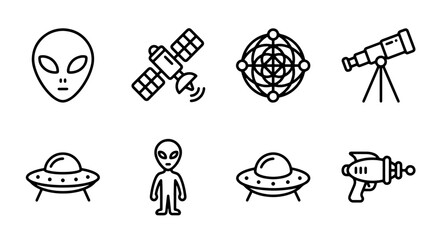 Fototapeta premium Alien Icons, Spacecraft, Telescope, UFO, Sci-Fi Symbols, Vector Set