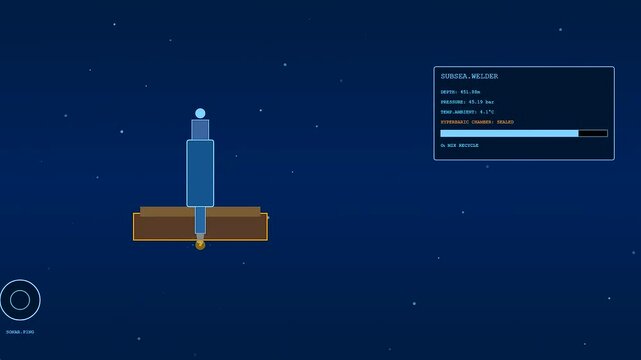 In a deep blue underwater environment, a specialized robot welding tool operates on a pipeline while the digital telemetry monitor displays real time pressure updates.