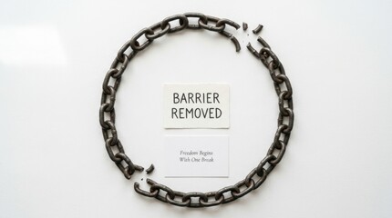 Fototapeta premium Broken iron chain circle with barrier removed and freedom begins with one break cards. Conceptual image representing liberation and overcoming difficult obstacles for business growth and