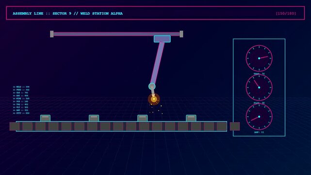 An animated futuristic hud interface displaying a precise robot welding process on a conveyor belt within a high tech automated manufacturing facility