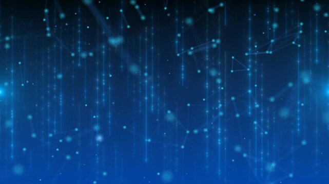 Animated blue plexus network with glowing particles, connected nodes and vertical data streams. Futuristic technology background with alpha channel