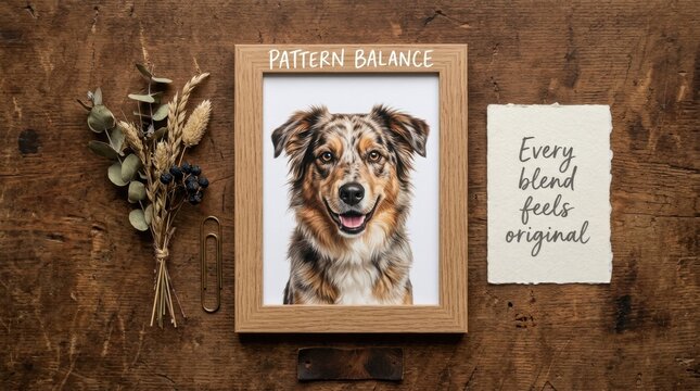 Aesthetic portrait of smiling Australian Shepherd dog in wooden frame on rustic table with dried flowers and paper note, representing lovely home decor and professional pet photography service styles.